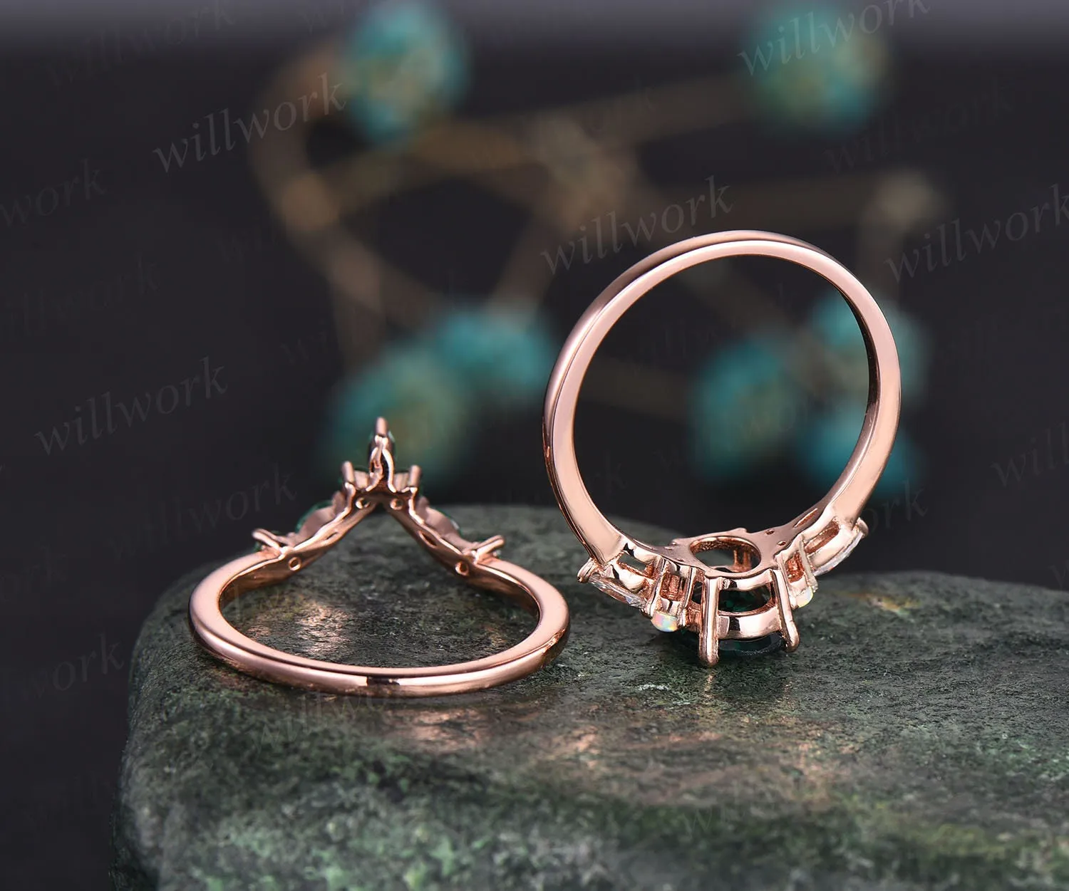 Oval cut emerald ring gold for women vintage emerald engagement ring set art deco rose gold opal ring set dainty moissanite wedding set gift sold by Willwork Jewelry product image thumbnail 4