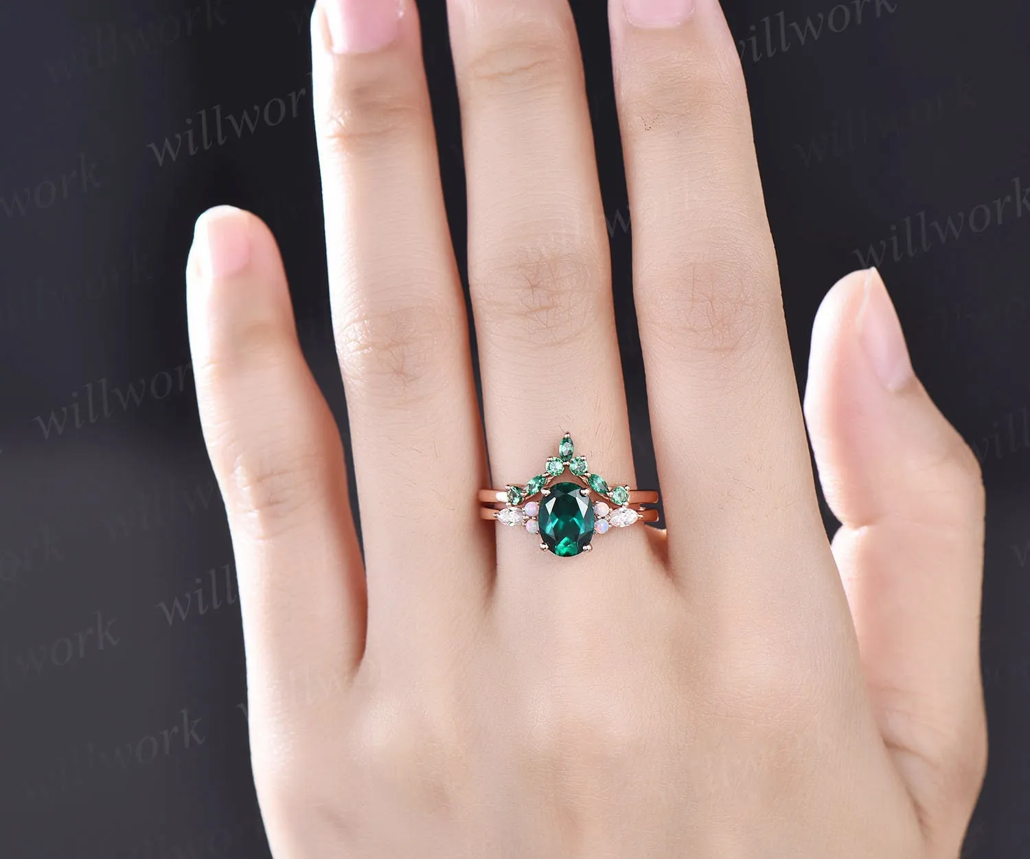 Oval cut emerald ring gold for women vintage emerald engagement ring set art deco rose gold opal ring set dainty moissanite wedding set gift sold by Willwork Jewelry product image thumbnail 2