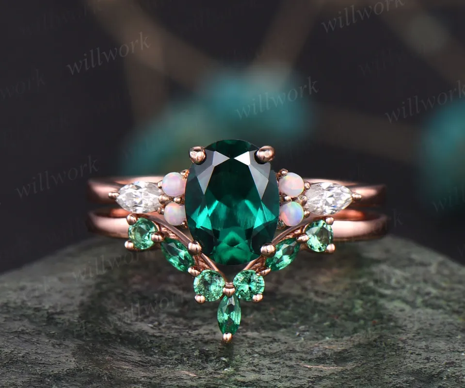 Oval cut emerald ring gold for women vintage emerald engagement ring set art deco rose gold opal ring set dainty moissanite wedding set gift sold by Willwork Jewelry