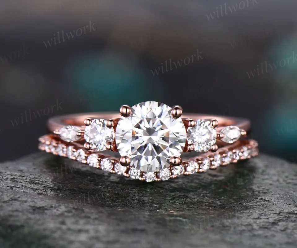 Round cut moissanite engagement ring set art deco rose gold ring for women five stone half eternity moissanite ring set promise ring set sold by Willwork Jewelry