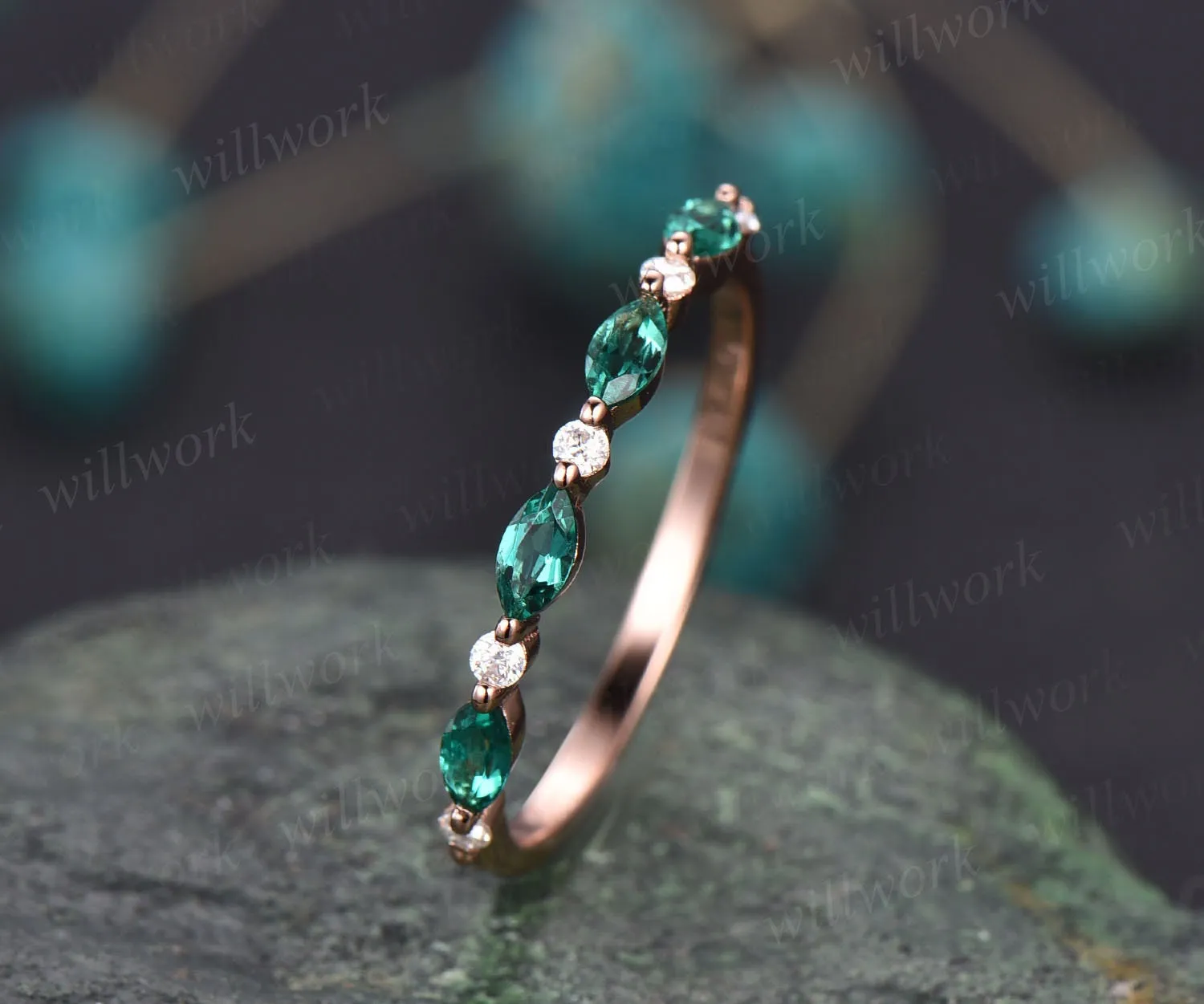 Marquise emerald ring emerald wedding band real diamond wedding ring band diamond ring for women 14k rose gold unique vintage ring gift sold by Willwork Jewelry product image thumbnail 5
