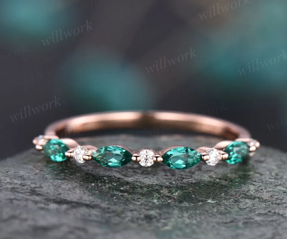 Marquise emerald ring emerald wedding band real diamond wedding ring band diamond ring for women 14k rose gold unique vintage ring gift sold by Willwork Jewelry