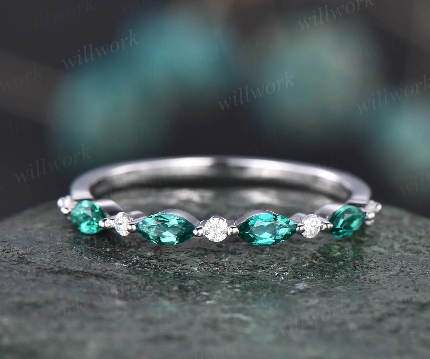 Marquise emerald ring emerald wedding band real diamond wedding ring band diamond ring for women 14k rose gold unique vintage ring gift sold by Willwork Jewelry product image thumbnail 3