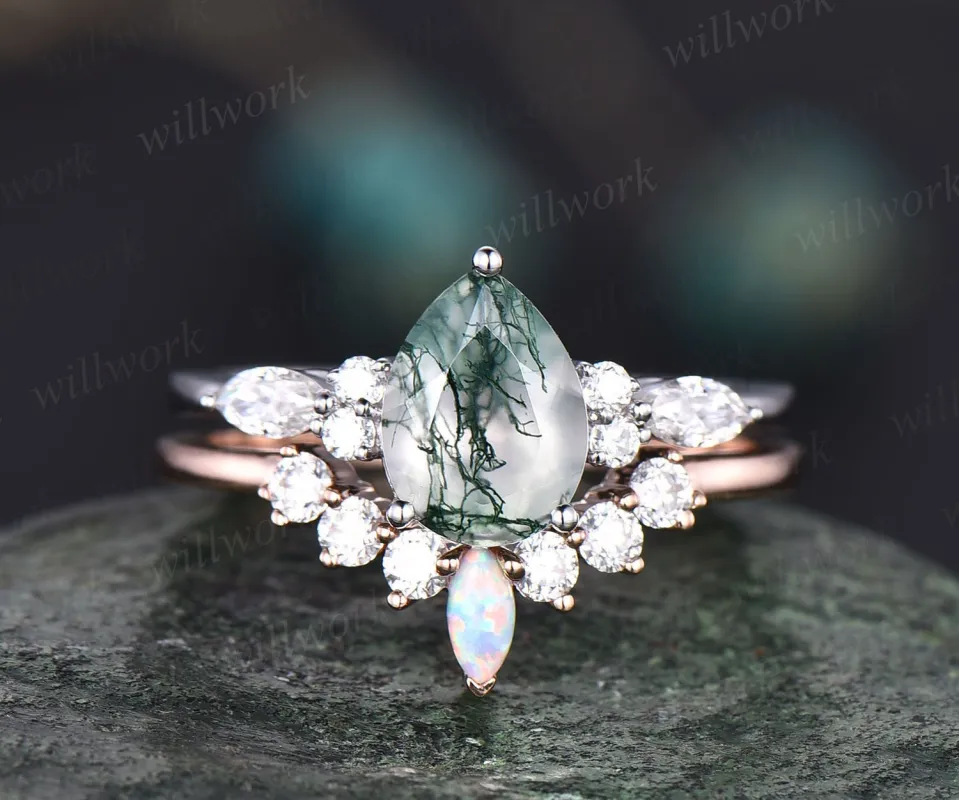 Unique pear shaped moss agate engagement ring set rose gold vintage art deco marquise moissanite opal ring for women anniversary ring set sold by Willwork Jewelry