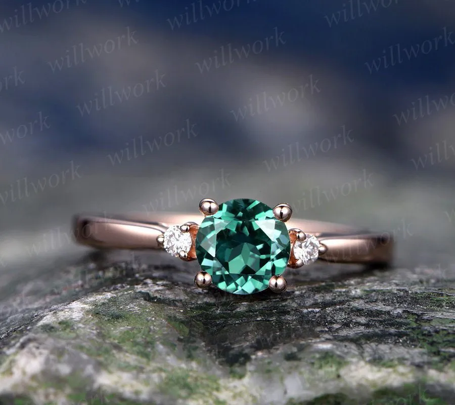 Three stone emerald engagement ring rose gold emerald ring gold diamond ring may birthstone antique Lab emerald wedding bridal promise ring made by Willwork Jewelry