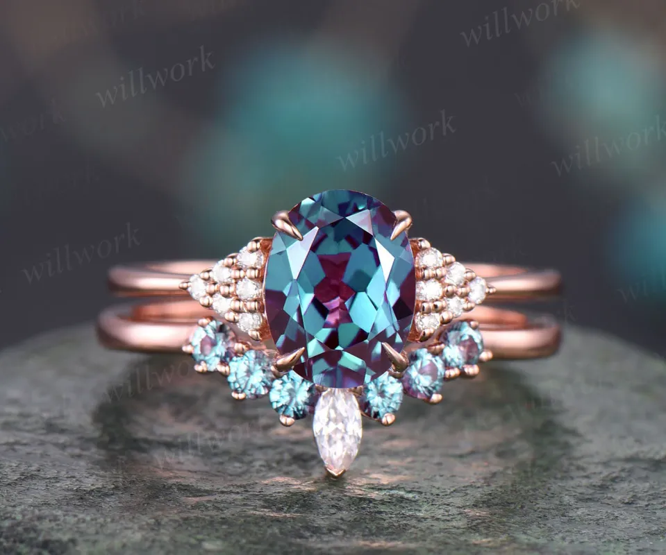 Oval Alexandrite engagement ring set vintage rose gold moissanite bridal ring set custom art deco ring unique gift crown ring women jewelry sold by Willwork Jewelry