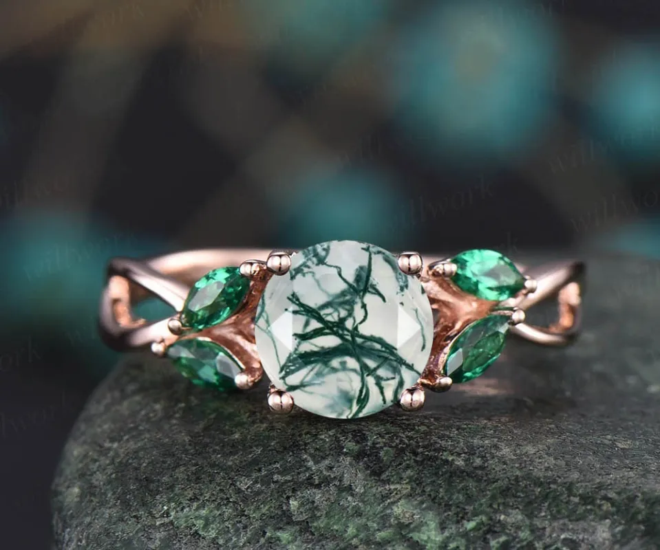 Round shaped moss agate engagement ring vintage moss agate ring art deco emerald ring for women marquise ring emerald jewelry promise ring sold by Willwork Jewelry