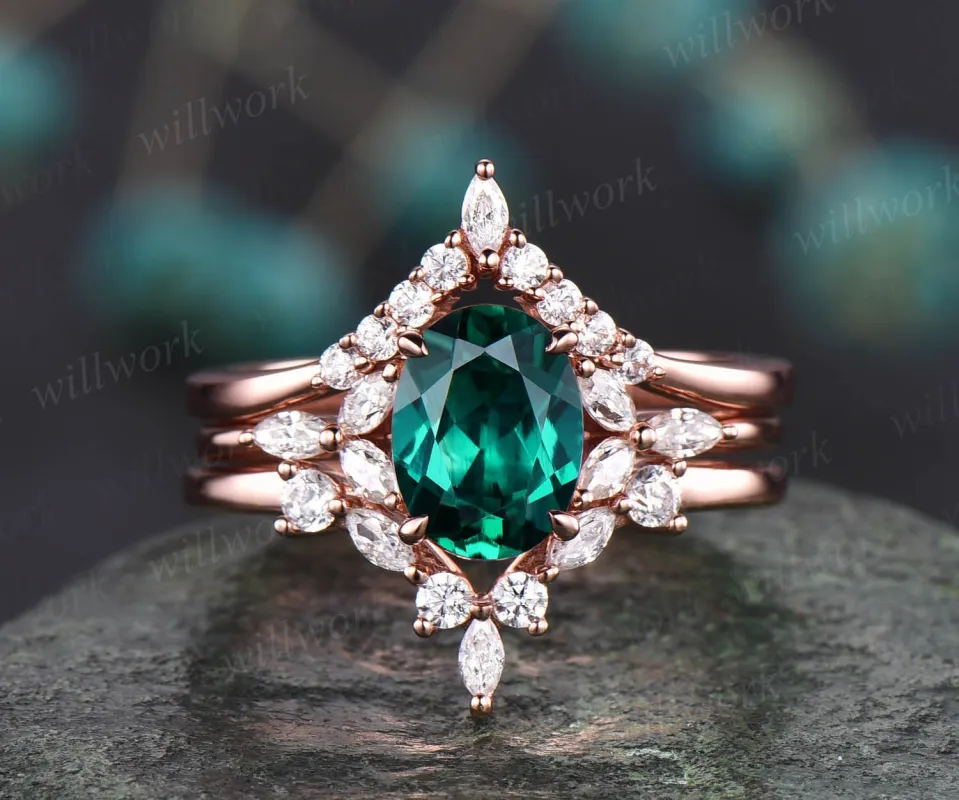 3pcs emerald engagement ring set emerald ring for women vintage rose gold unique bridal set art deco best engagement ring moissanite jewelry sold by Willwork Jewelry