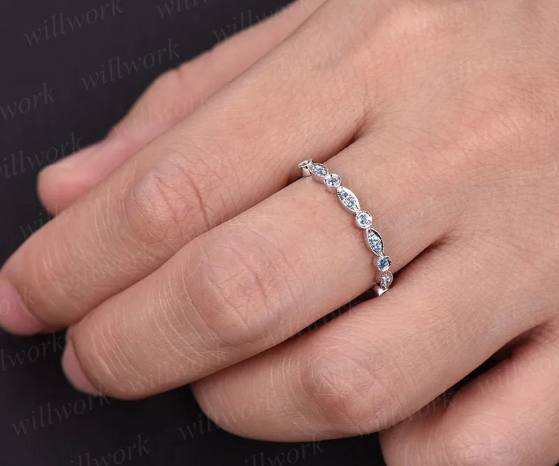 Blue topaz wedding ring topaz wedding band white gold half eternity engagement art deco marquise gift matching stacking bridal promise ring sold by Willwork Jewelry product image thumbnail 2