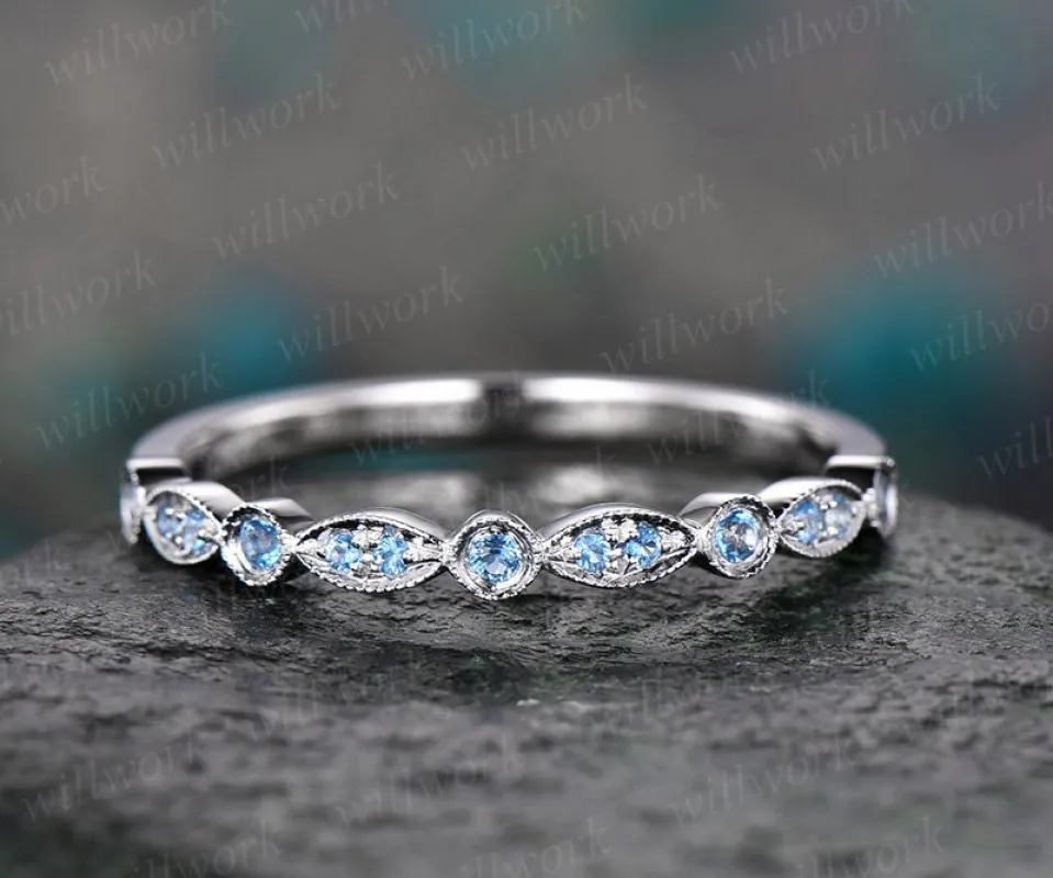 Blue topaz wedding ring topaz wedding band white gold half eternity engagement art deco marquise gift matching stacking bridal promise ring sold by Willwork Jewelry