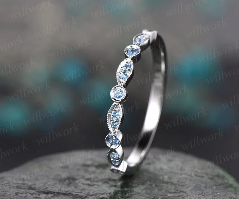 Blue topaz wedding ring topaz wedding band white gold half eternity engagement art deco marquise gift matching stacking bridal promise ring sold by Willwork Jewelry product image thumbnail 4
