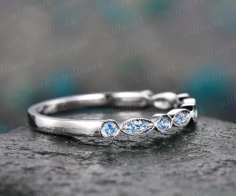Blue topaz wedding ring topaz wedding band white gold half eternity engagement art deco marquise gift matching stacking bridal promise ring sold by Willwork Jewelry product image thumbnail 3
