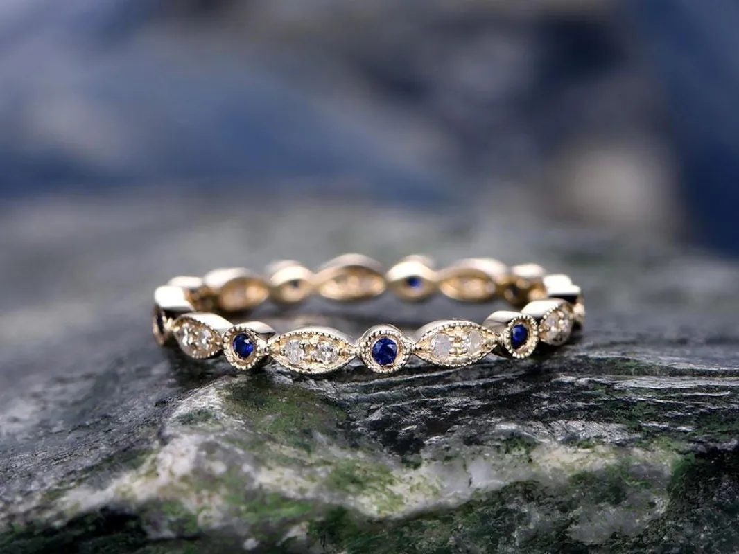 Blue Sapphire wedding ring-solid 14k Yellow gold-handmade petite diamond ring-Full eternity- Matching band-tiny stones Bezel Mircro Pave sold by Willwork Jewelry