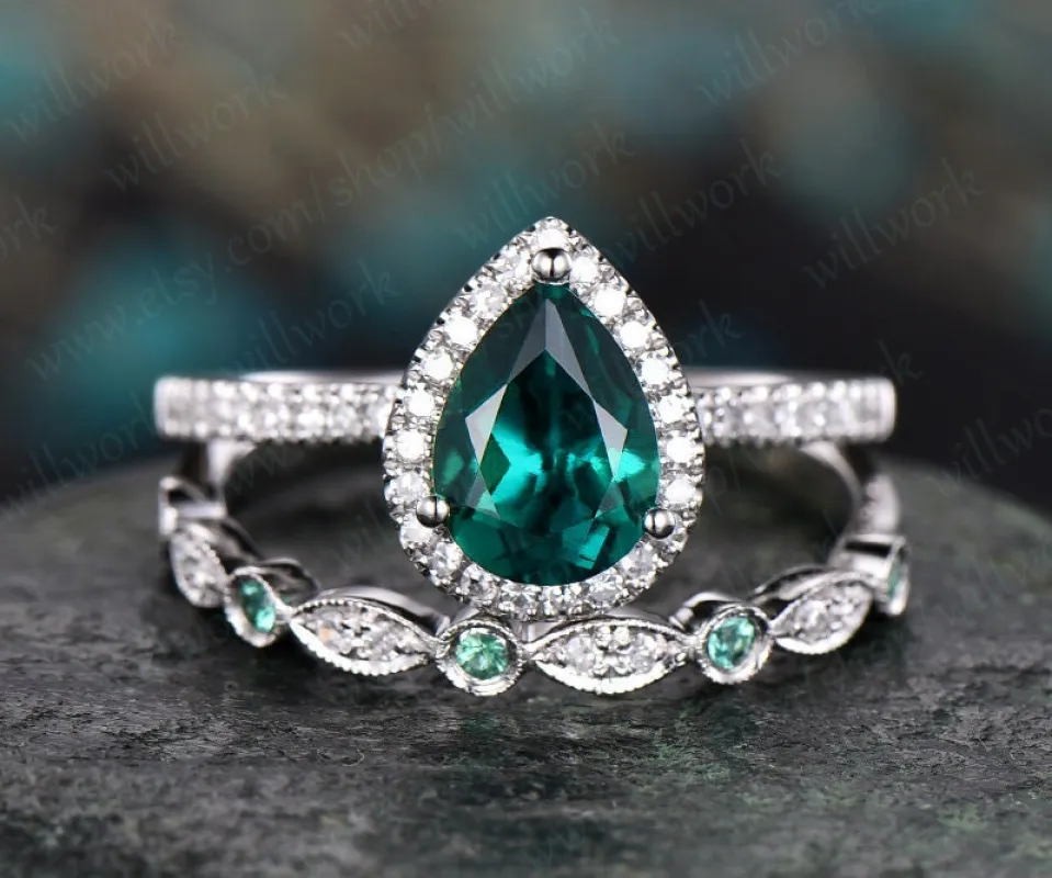 Green emerald engagement ring set white gold natural emerald wedding diamond halo ring bridal set pear gift stacking matching promise ring sold by Willwork Jewelry