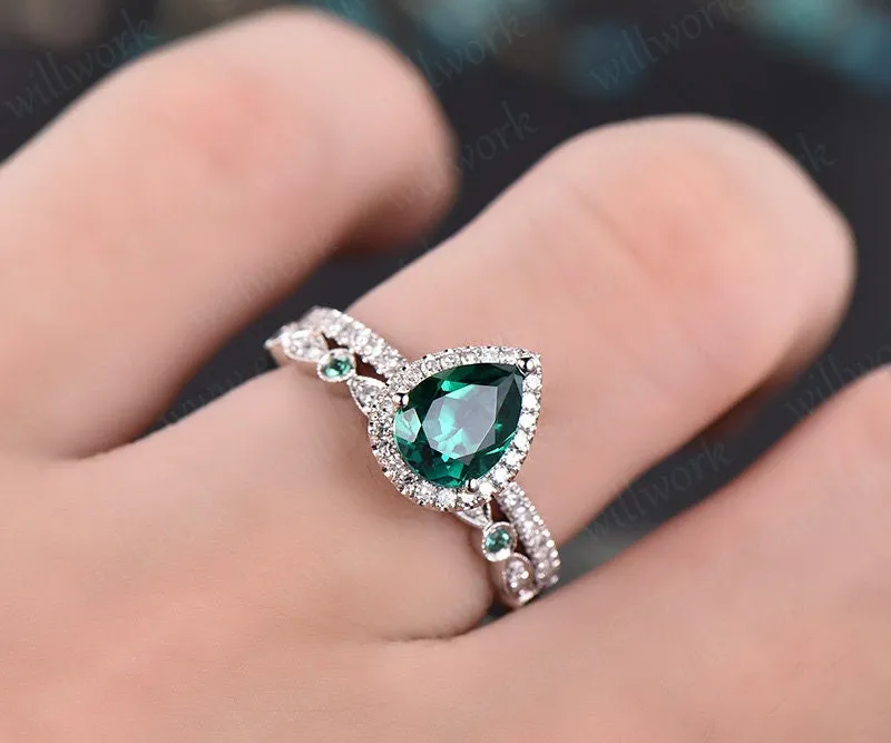 Green emerald engagement ring set white gold natural emerald wedding diamond halo ring bridal set pear gift stacking matching promise ring sold by Willwork Jewelry product image thumbnail 2