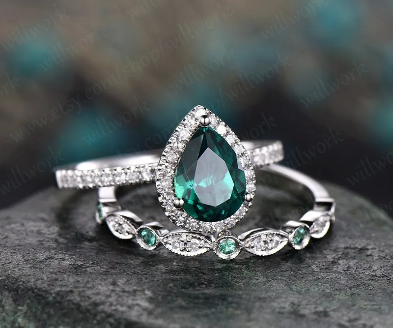 Green emerald engagement ring set white gold natural emerald wedding diamond halo ring bridal set pear gift stacking matching promise ring sold by Willwork Jewelry product image thumbnail 3