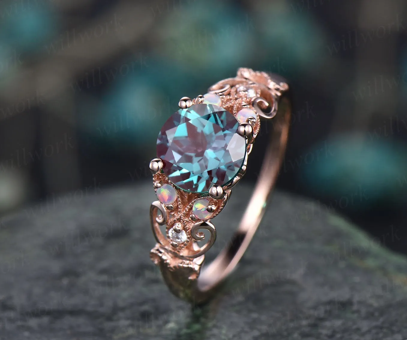 Unique vintage Alexandrite engagement ring rose gold butterfly leaf flower ring milgrain diamond opal ring women unique wedding ring jewelry sold by Willwork Jewelry product image thumbnail 4
