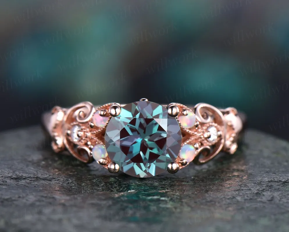Unique vintage Alexandrite engagement ring rose gold butterfly leaf flower ring milgrain diamond opal ring women unique wedding ring jewelry sold by Willwork Jewelry