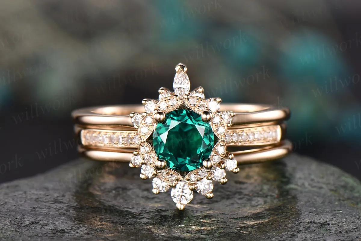 3pcs emerald engagement ring set yellow gold May birthstone matching flower crown diamond halo ring moissanite wedding bridal ring band set sold by Willwork Jewelry