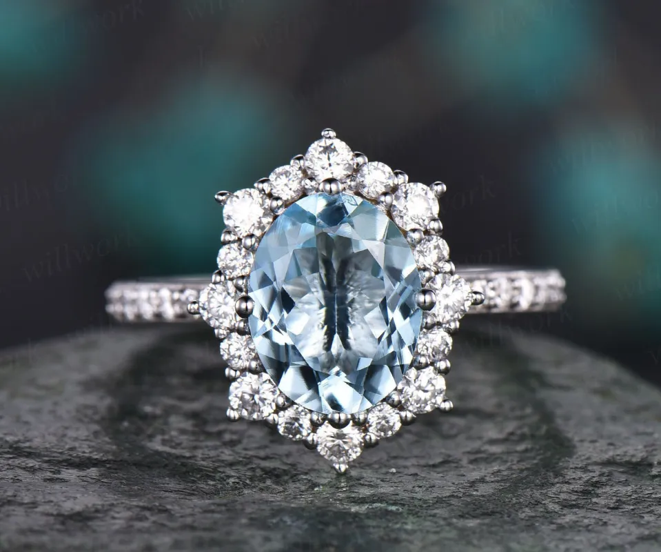 7x9mm oval cut aquamarine engagement ring vintage unique cluster ring moissanite ring March birthstone ring bridal ring custom jewelry gift sold by Willwork Jewelry