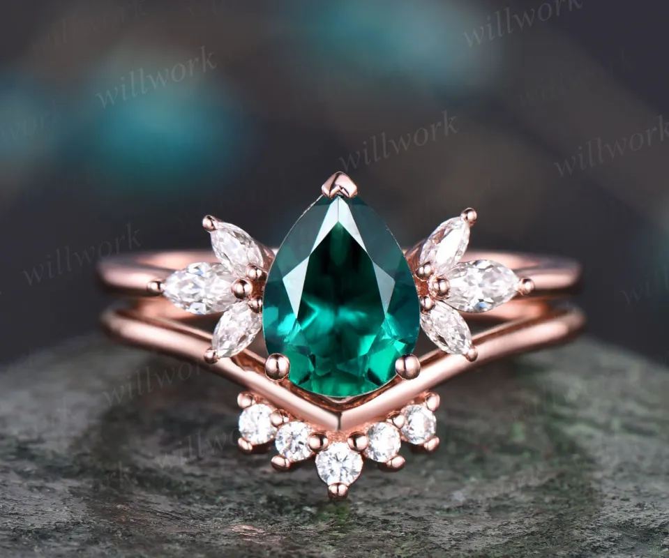 Pear emerald engagement ring set vintage art deco unique engagement ring set rose gold ring women marquise flower bridal anniversary ring sold by Willwork Jewelry