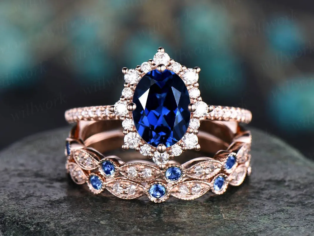 3pc Halo cluster sapphire engagement ring rose gold moissanite natural sapphire diamond wedding band stack vintage for women bridal ring set sold by Willwork Jewelry