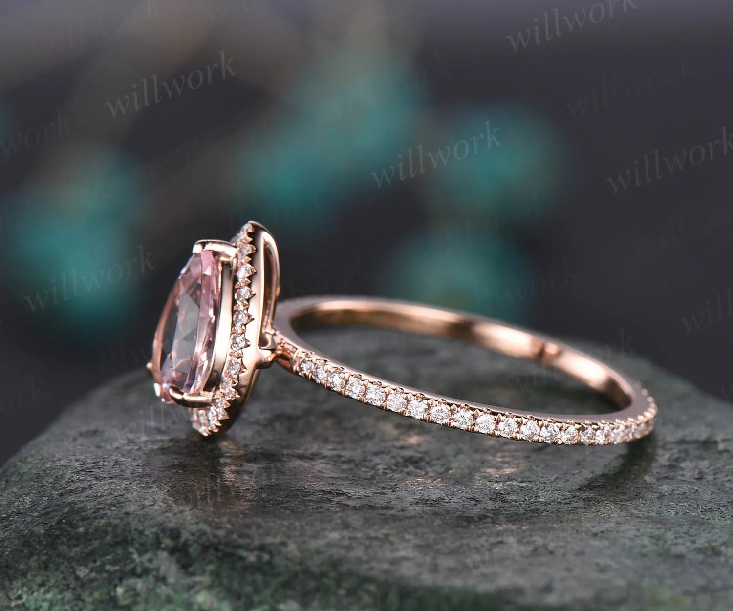 Unique vintage pear shaped pink morganite engagement ring 14k rose gold dainty halo full eternity diamond ring for women bridal wedding ring sold by Willwork Jewelry product image thumbnail 4