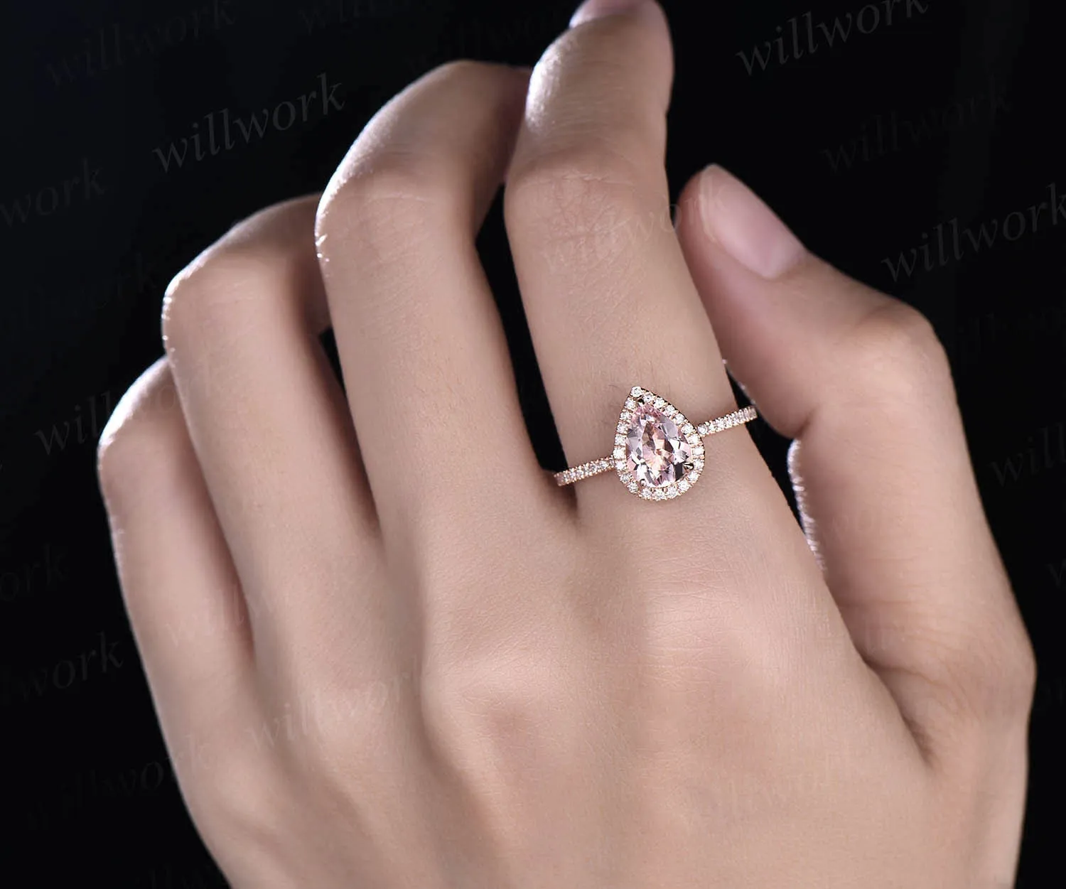 Unique vintage pear shaped pink morganite engagement ring 14k rose gold dainty halo full eternity diamond ring for women bridal wedding ring sold by Willwork Jewelry product image thumbnail 2