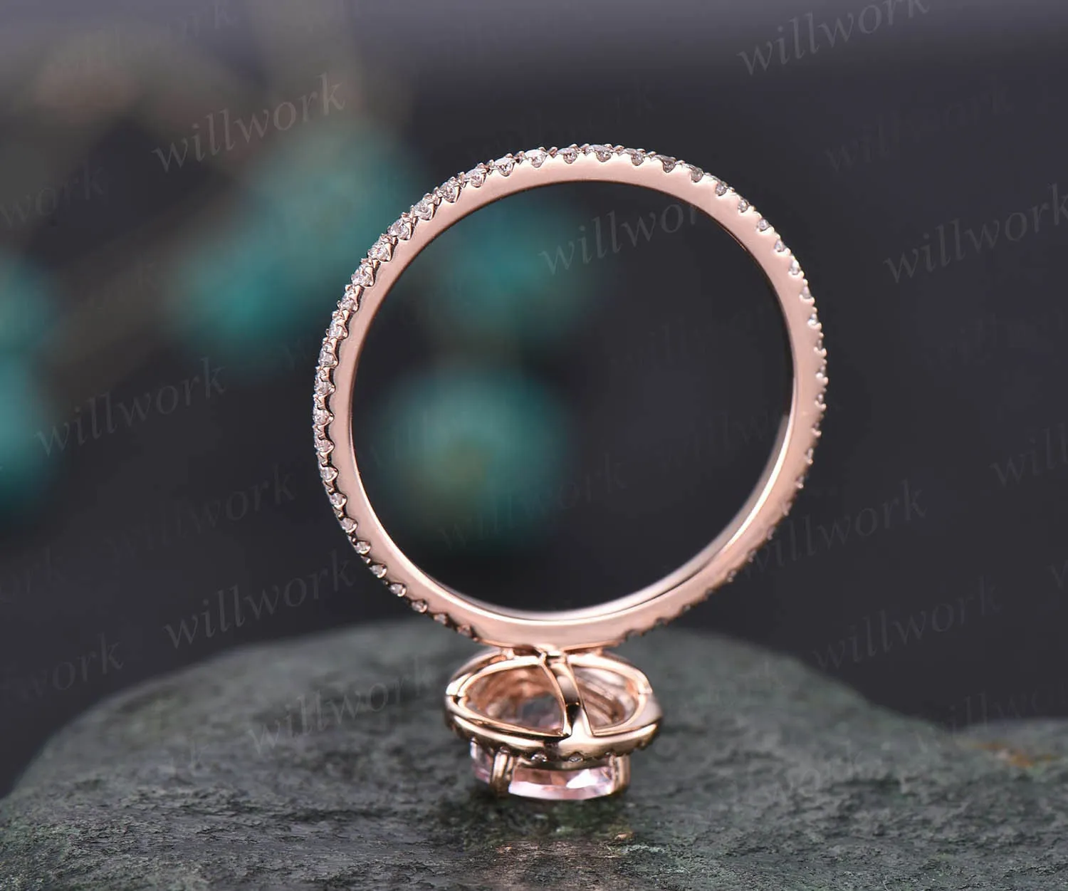 Unique vintage pear shaped pink morganite engagement ring 14k rose gold dainty halo full eternity diamond ring for women bridal wedding ring sold by Willwork Jewelry product image thumbnail 5