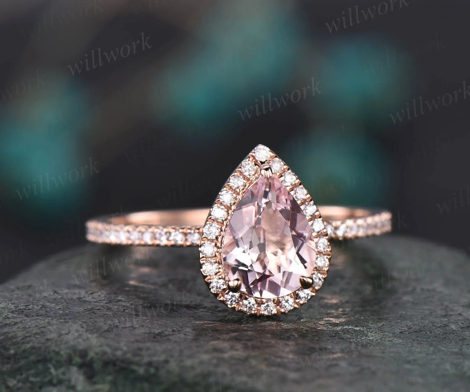 Unique vintage pear shaped pink morganite engagement ring 14k rose gold dainty halo full eternity diamond ring for women bridal wedding ring sold by Willwork Jewelry product image thumbnail 3