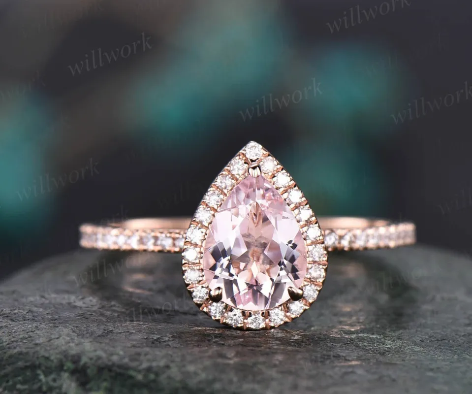 Unique vintage pear shaped pink morganite engagement ring 14k rose gold dainty halo full eternity diamond ring for women bridal wedding ring made by Willwork Jewelry