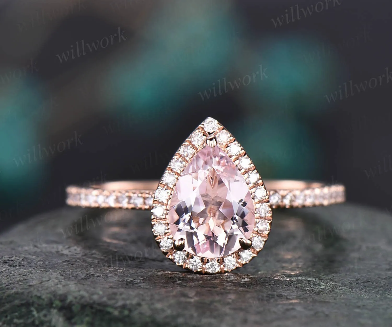 Unique vintage pear shaped pink morganite engagement ring 14k rose gold dainty halo full eternity diamond ring for women bridal wedding ring sold by Willwork Jewelry