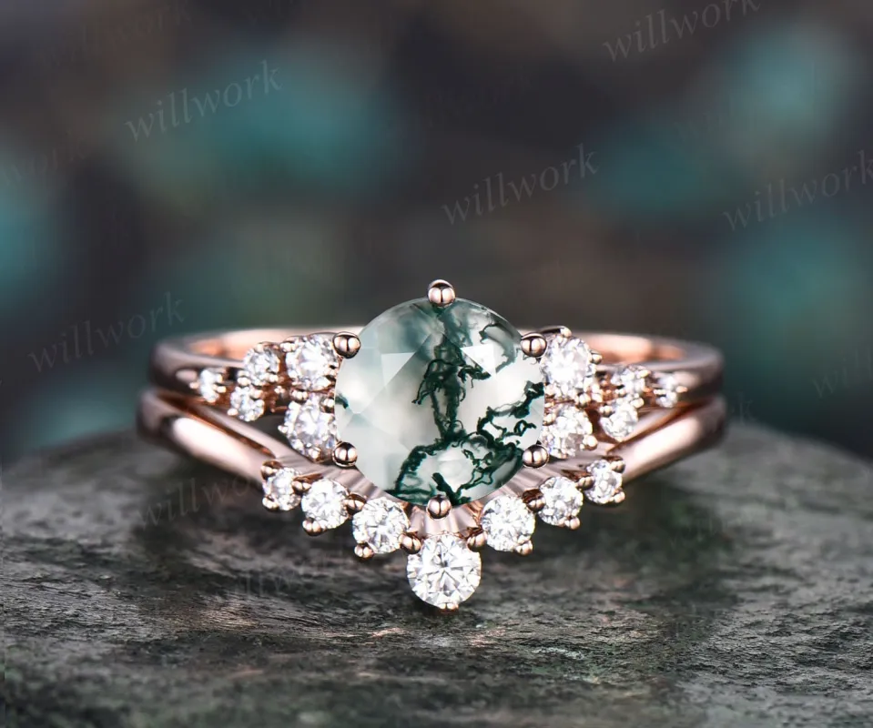 Round moss agate ring set rose gold silver vintage moss agate engagement ring set cluster moissanite ring for women unique wedding ring set sold by Willwork Jewelry