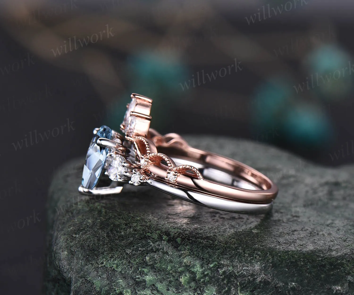 Pear shaped aquamarine ring gold silver vintage unique aquamarine engagement ring set white gold crown moissanite wedding ring set for women sold by Willwork Jewelry product image thumbnail 5