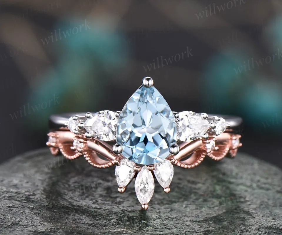 Pear shaped aquamarine ring gold silver vintage unique aquamarine engagement ring set white gold crown moissanite wedding ring set for women sold by Willwork Jewelry
