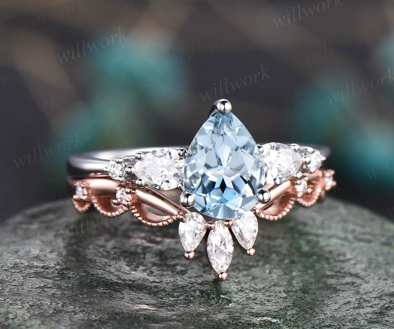Pear shaped aquamarine ring gold silver vintage unique aquamarine engagement ring set white gold crown moissanite wedding ring set for women sold by Willwork Jewelry product image thumbnail 3