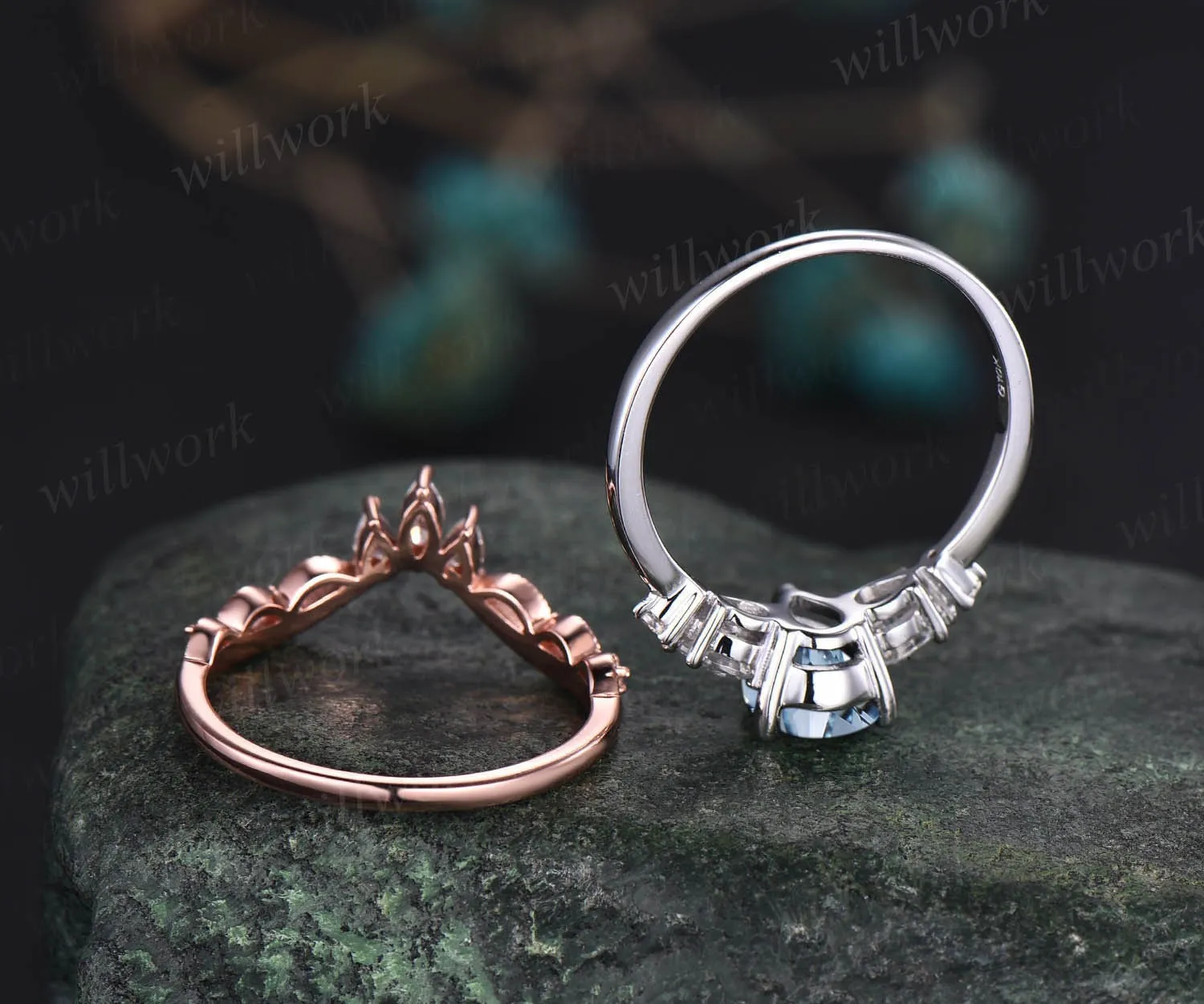 Pear shaped aquamarine ring gold silver vintage unique aquamarine engagement ring set white gold crown moissanite wedding ring set for women sold by Willwork Jewelry product image thumbnail 4