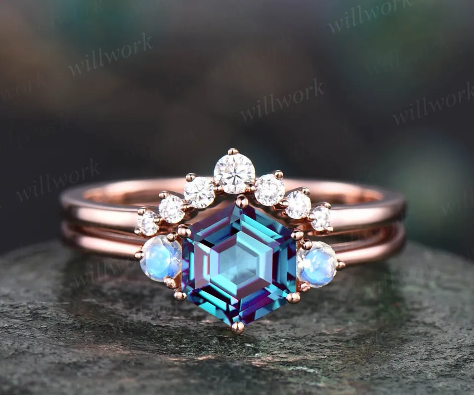 Unique Alexandrite moonstone engagement ring set rose gold hexagon cut ring three stone minimalist ring moissanite bridal ring set women sold by Willwork Jewelry