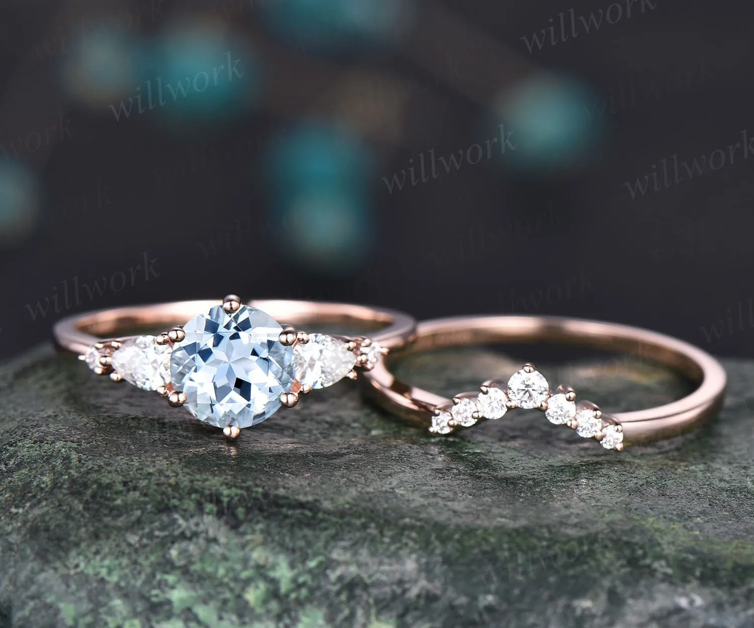 Unique aquamarine wedding ring set vintage aquamarine engagement ring set five stone pear moissanite promise ring set March birthstone ring sold by Willwork Jewelry product image thumbnail 3