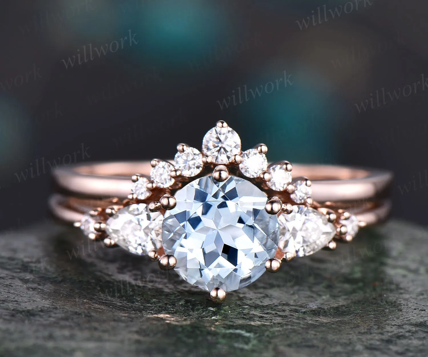 Unique aquamarine wedding ring set vintage aquamarine engagement ring set five stone pear moissanite promise ring set March birthstone ring sold by Willwork Jewelry