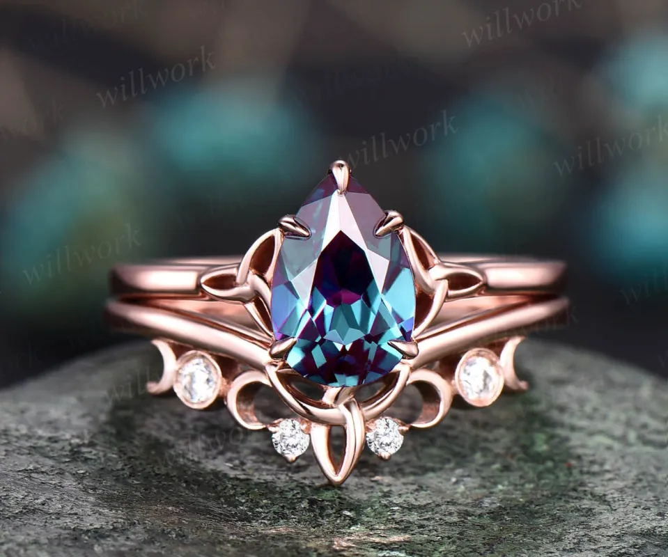 Unique pear shaped alexandrite engagement ring set rose gold silver Celtic Knot Norse Viking ring band vintage moissanite wedding ring set made by Willwork Jewelry