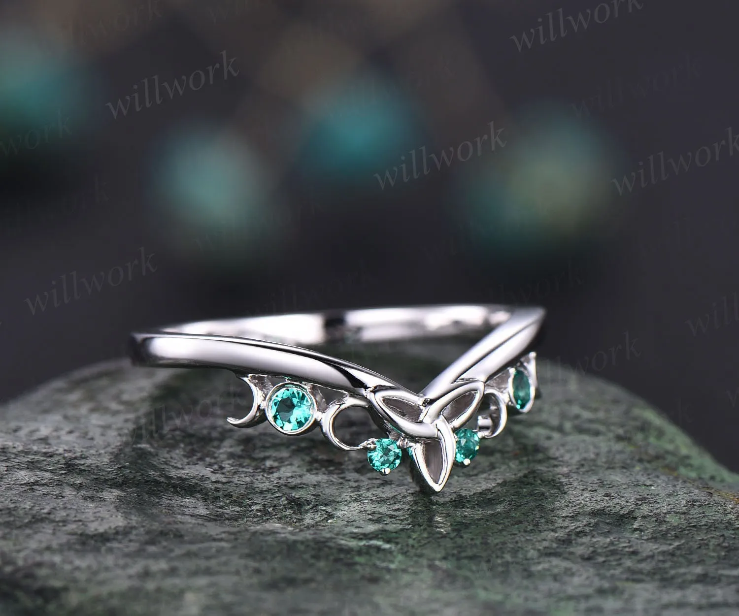 Unique emerald wedding band 14k white gold emerald ring vintage norse viking ring jewelry dainty wedding bridal anniversary ring band women sold by Willwork Jewelry product image thumbnail 3