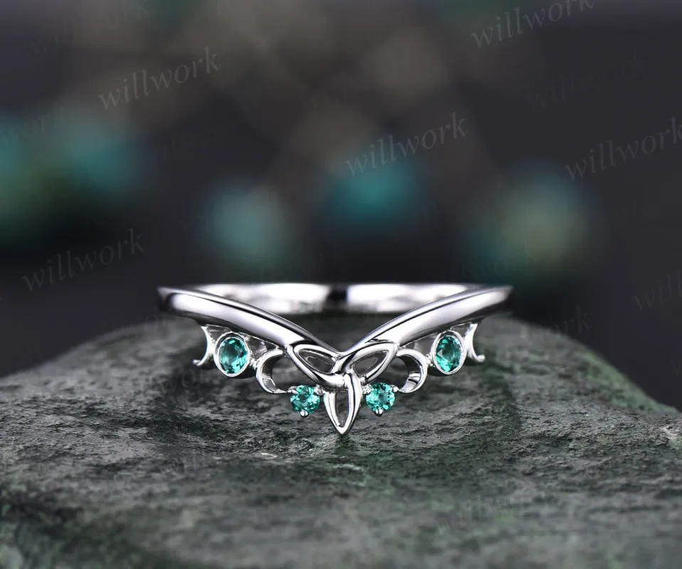 Unique emerald wedding band 14k white gold emerald ring vintage norse viking ring jewelry dainty wedding bridal anniversary ring band women sold by Willwork Jewelry