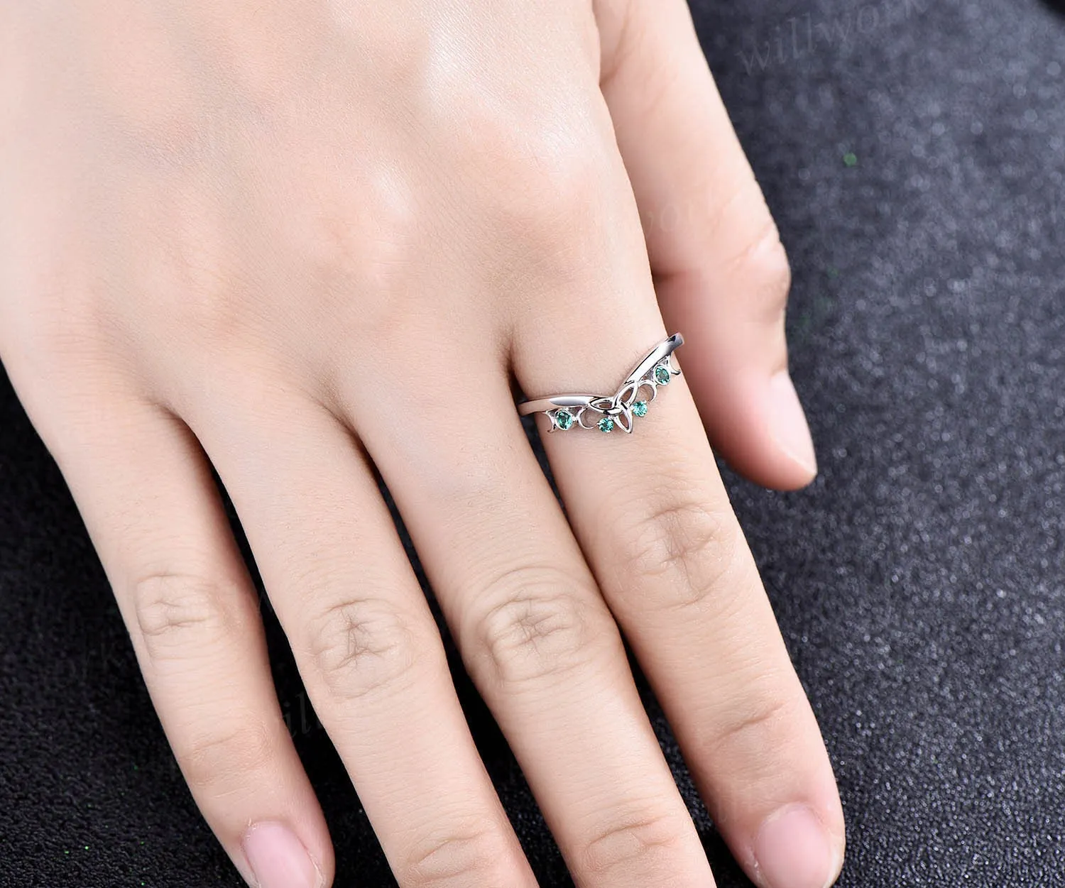 Unique emerald wedding band 14k white gold emerald ring vintage norse viking ring jewelry dainty wedding bridal anniversary ring band women sold by Willwork Jewelry product image thumbnail 2