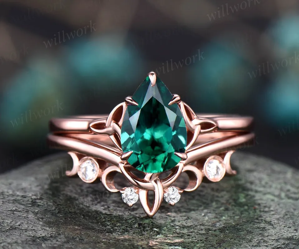 Pear shaped emerald engagement ring set rose gold solitaire unique vintage engagement ring emerald ring for women promise wedding ring set sold by Willwork Jewelry