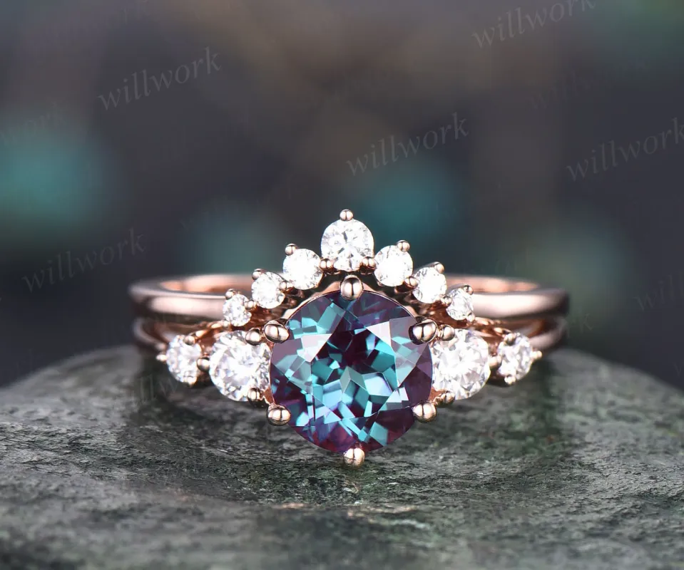 Vintage round cut Alexandrite engagement ring set 14k rose gold minimalist five stone ring six prong moissanite wedding ring set for women sold by Willwork Jewelry