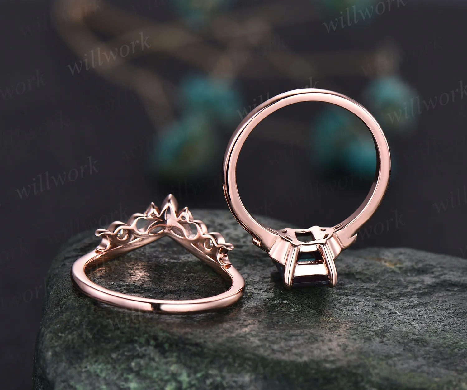 Unique moss agate ring set for women Emerald cut moss agate engagement ring set rose gold vintage Solitaire ring Norse Viking ring Jewelry sold by Willwork Jewelry product image thumbnail 4
