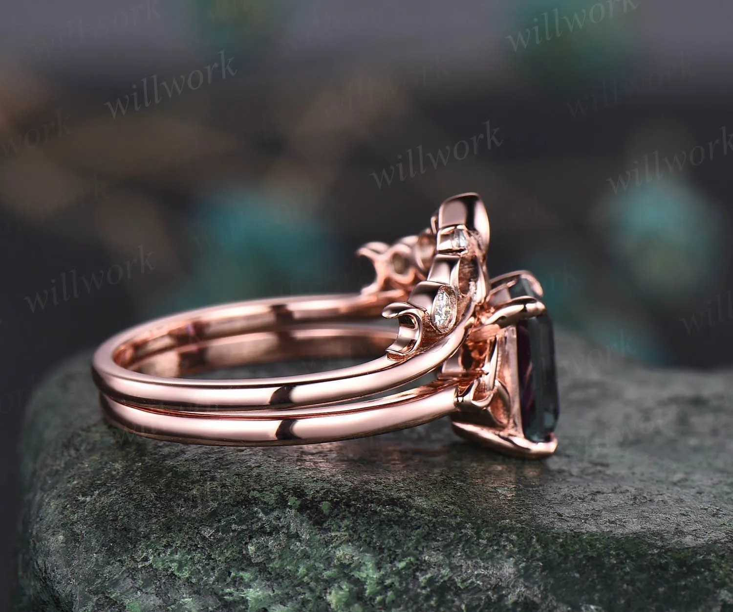 Unique moss agate ring set for women Emerald cut moss agate engagement ring set rose gold vintage Solitaire ring Norse Viking ring Jewelry sold by Willwork Jewelry product image thumbnail 5