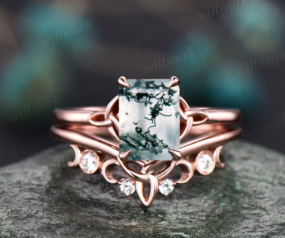 Unique moss agate ring set for women Emerald cut moss agate engagement ring set rose gold vintage Solitaire ring Norse Viking ring Jewelry sold by Willwork Jewelry