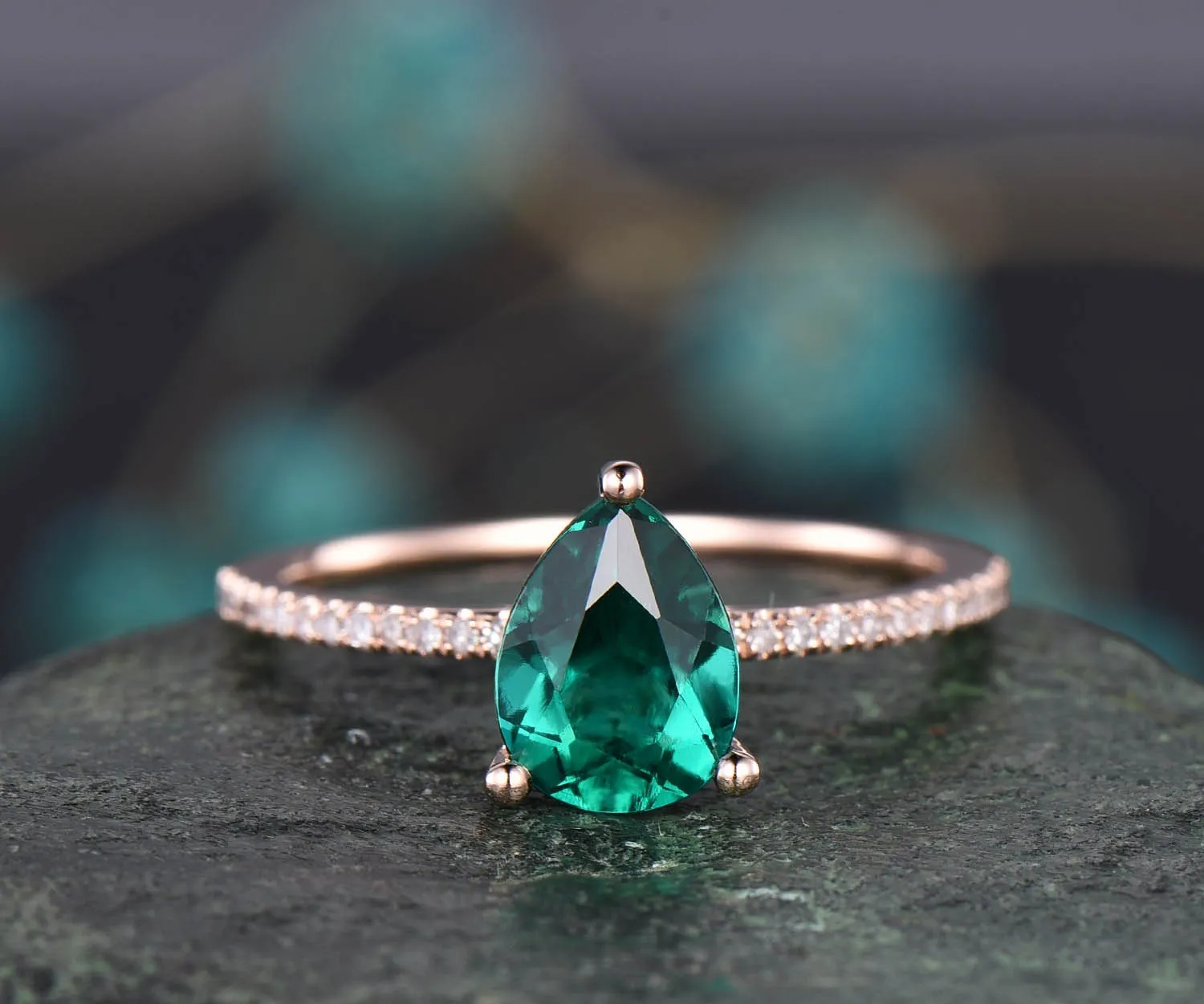Teardrop Emerald engagement ring solid 14k rose gold under halo real diamond ring emerald ring vintage promise wedding May birthstone ring sold by Willwork Jewelry product image thumbnail 5